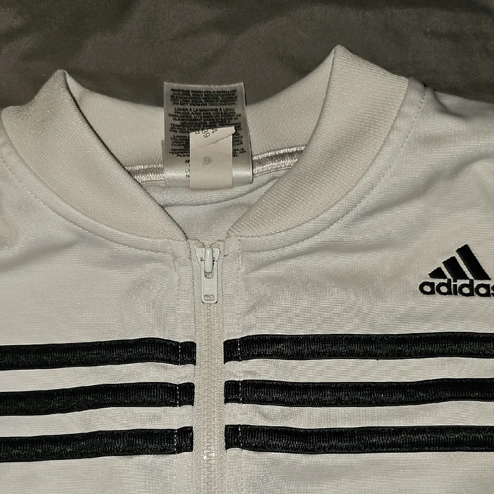 Adidas White Jacket Black Stripes Activewear Size 6 6x Xsmall Boy Girl Coat